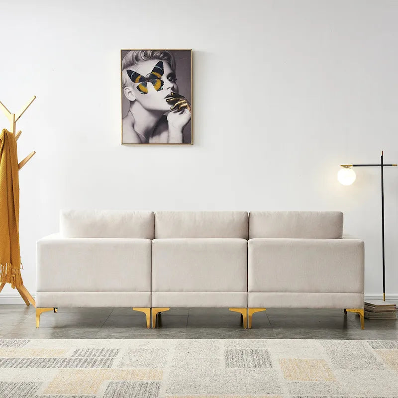 Christopher Knight Home - Beige L-Shape Sectional Sofa with Gold Metal Legs and Ottoman