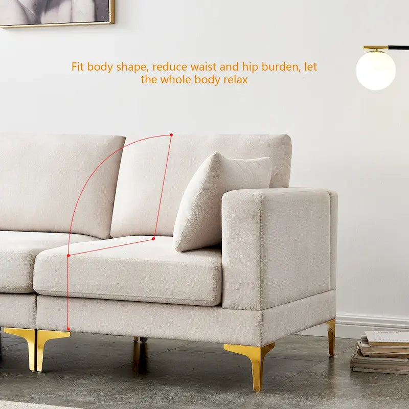 Christopher Knight Home - Beige L-Shape Sectional Sofa with Gold Metal Legs and Ottoman
