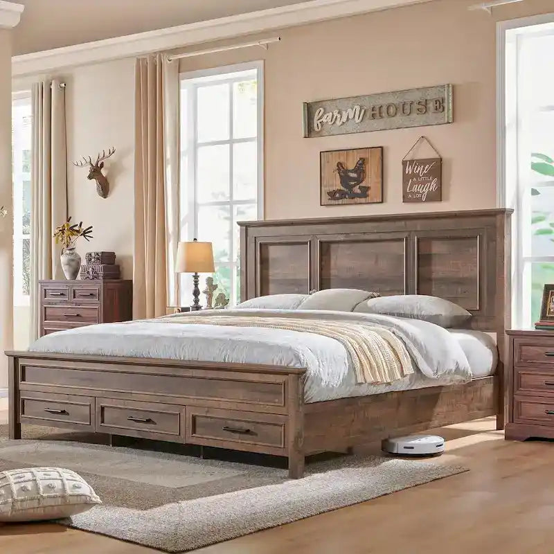 Farmhouse Queen Wood Bed Frame with 52 Tall Headboard & Footboard
