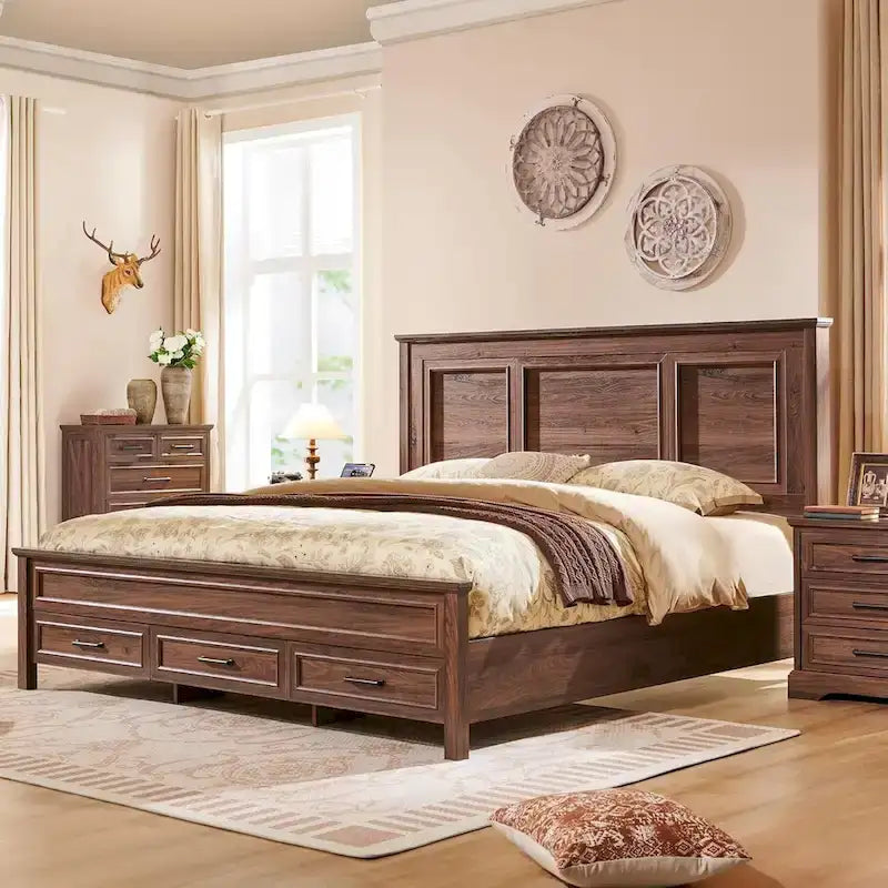 Farmhouse Queen Wood Bed Frame with 52 Tall Headboard & Footboard