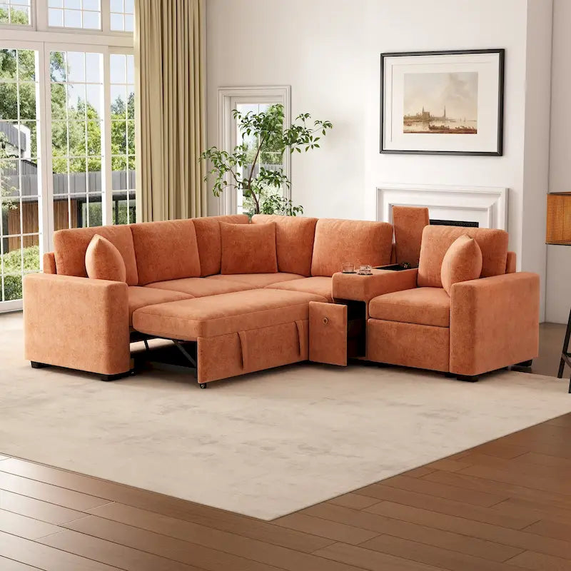 Chenille Pull Out Sectional Convertible Sleeper Sofa Modular Sectional Sofa with Pillow and 2 Cup Holders for Living Room