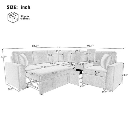Chenille Pull Out Sectional Convertible Sleeper Sofa Modular Sectional Sofa with Pillow and 2 Cup Holders for Living Room