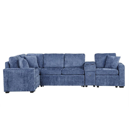 Chenille Pull Out Sectional Convertible Sleeper Sofa Modular Sectional Sofa with Pillow and 2 Cup Holders for Living Room