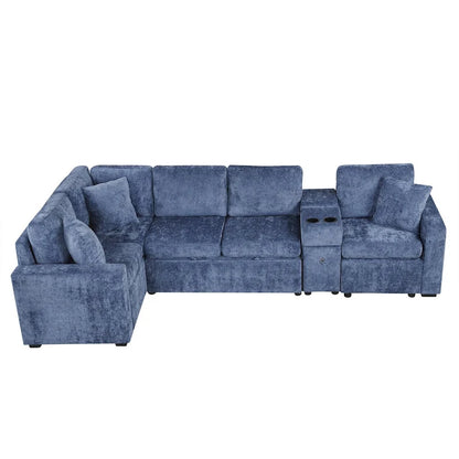 Chenille Pull Out Sectional Convertible Sleeper Sofa Modular Sectional Sofa with Pillow and 2 Cup Holders for Living Room