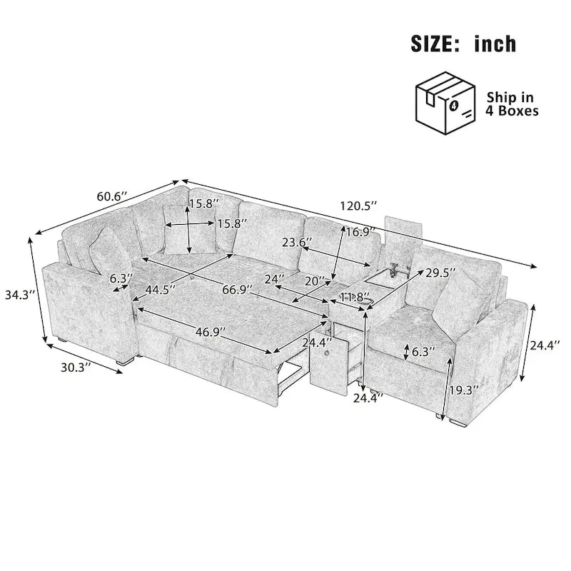 Chenille Pull Out Sectional Convertible Sleeper Sofa Modular Sectional Sofa with Pillow and 2 Cup Holders for Living Room