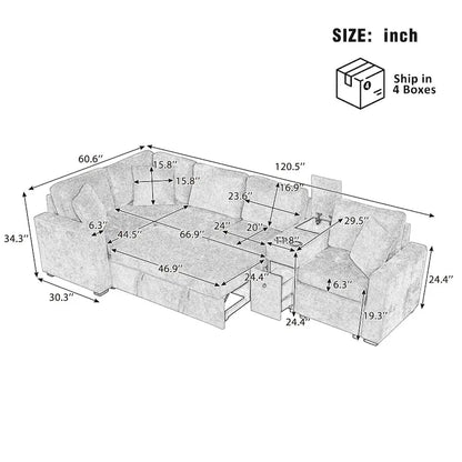 Chenille Pull Out Sectional Convertible Sleeper Sofa Modular Sectional Sofa with Pillow and 2 Cup Holders for Living Room