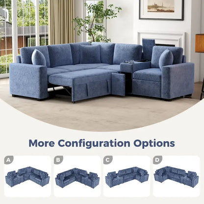 Chenille Pull Out Sectional Convertible Sleeper Sofa Modular Sectional Sofa with Pillow and 2 Cup Holders for Living Room