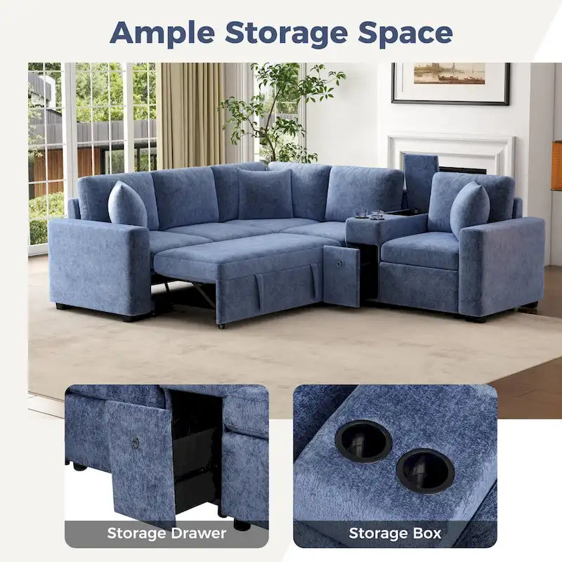 Chenille Pull Out Sectional Convertible Sleeper Sofa Modular Sectional Sofa with Pillow and 2 Cup Holders for Living Room
