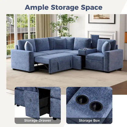 Chenille Pull Out Sectional Convertible Sleeper Sofa Modular Sectional Sofa with Pillow and 2 Cup Holders for Living Room