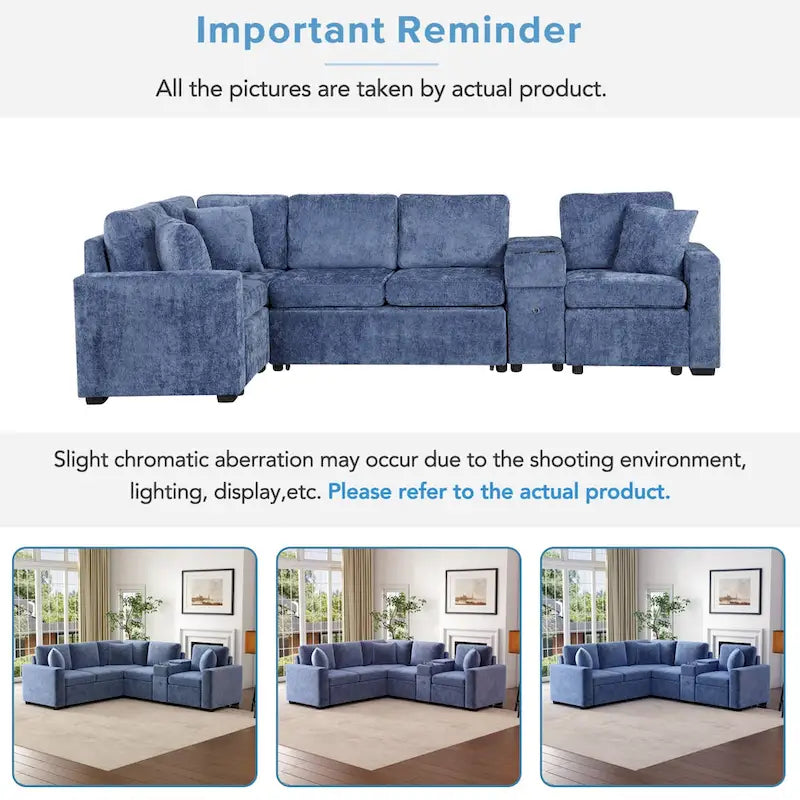 Chenille Pull Out Sectional Convertible Sleeper Sofa Modular Sectional Sofa with Pillow and 2 Cup Holders for Living Room