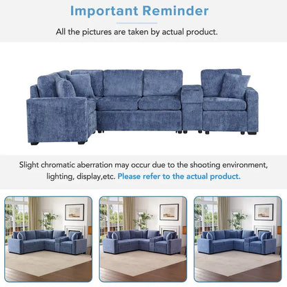 Chenille Pull Out Sectional Convertible Sleeper Sofa Modular Sectional Sofa with Pillow and 2 Cup Holders for Living Room