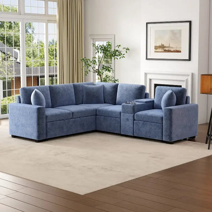 Chenille Pull Out Sectional Convertible Sleeper Sofa Modular Sectional Sofa with Pillow and 2 Cup Holders for Living Room