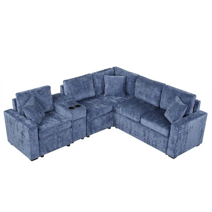 Chenille Pull Out Sectional Convertible Sleeper Sofa Modular Sectional Sofa with Pillow and 2 Cup Holders for Living Room