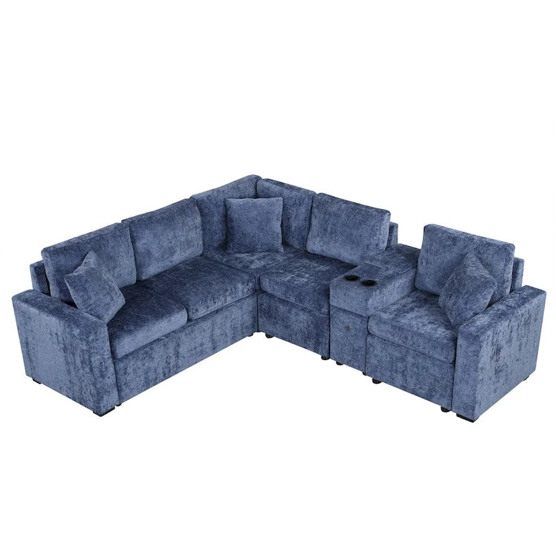 Chenille Pull Out Sectional Convertible Sleeper Sofa Modular Sectional Sofa with Pillow and 2 Cup Holders for Living Room