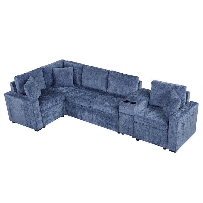 Chenille Pull Out Sectional Convertible Sleeper Sofa Modular Sectional Sofa with Pillow and 2 Cup Holders for Living Room
