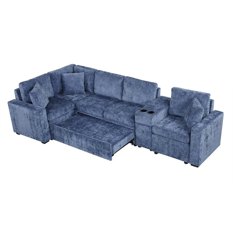 Chenille Pull Out Sectional Convertible Sleeper Sofa Modular Sectional Sofa with Pillow and 2 Cup Holders for Living Room