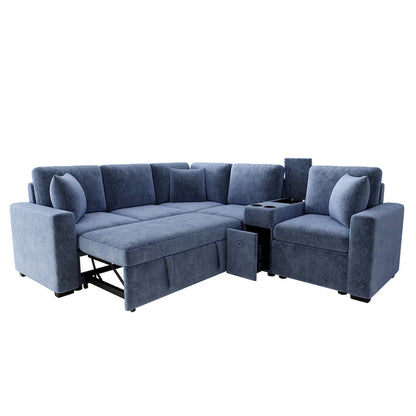 Chenille Pull Out Sectional Convertible Sleeper Sofa Modular Sectional Sofa with Pillow and 2 Cup Holders for Living Room