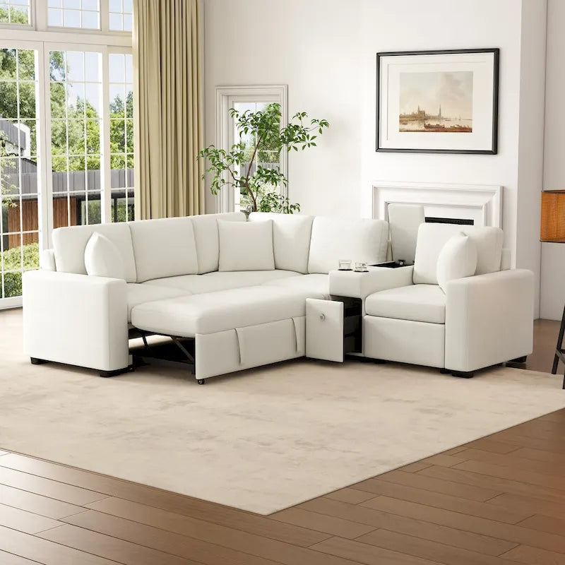 Chenille Pull Out Sectional Convertible Sleeper Sofa Modular Sectional Sofa with Pillow and 2 Cup Holders for Living Room