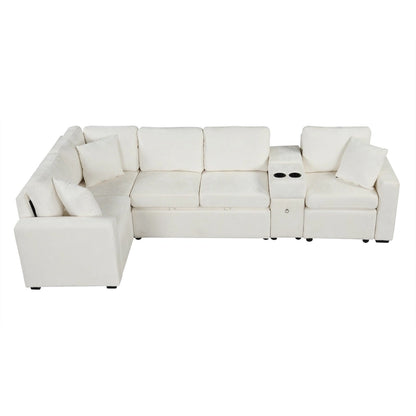 Chenille Pull Out Sectional Convertible Sleeper Sofa Modular Sectional Sofa with Pillow and 2 Cup Holders for Living Room