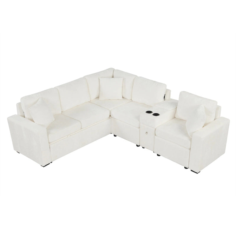 Chenille Pull Out Sectional Convertible Sleeper Sofa Modular Sectional Sofa with Pillow and 2 Cup Holders for Living Room
