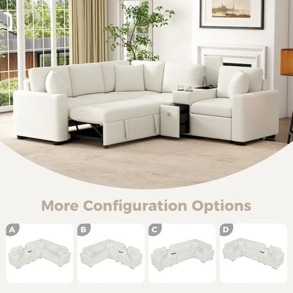 Chenille Pull Out Sectional Convertible Sleeper Sofa Modular Sectional Sofa with Pillow and 2 Cup Holders for Living Room