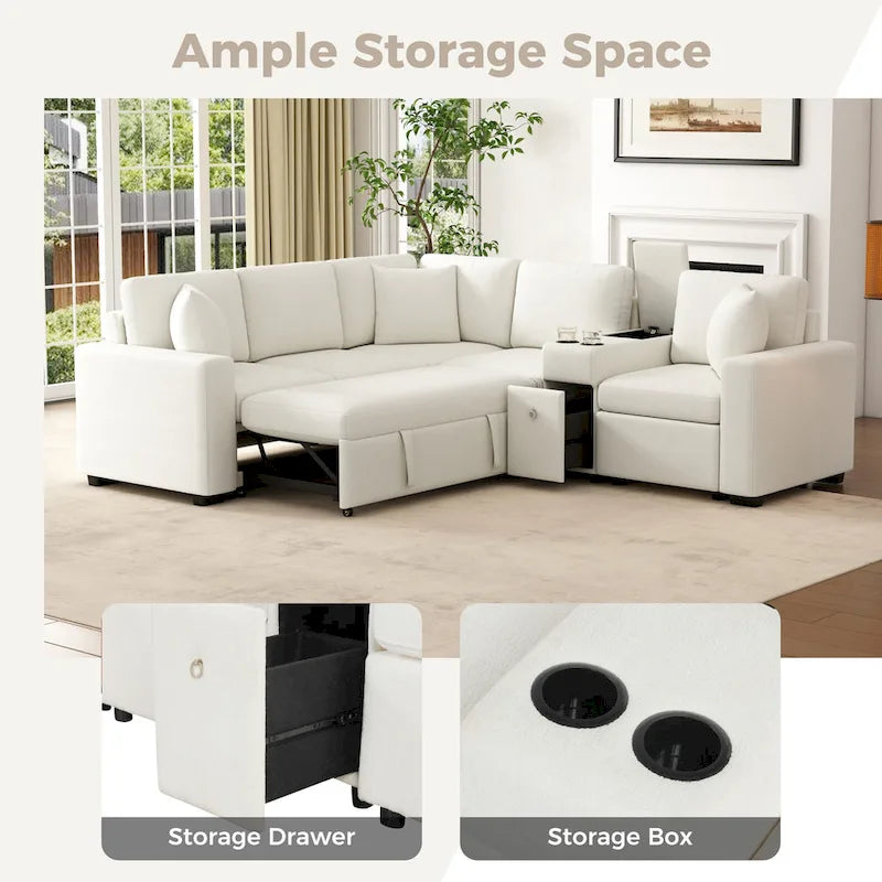 Chenille Pull Out Sectional Convertible Sleeper Sofa Modular Sectional Sofa with Pillow and 2 Cup Holders for Living Room