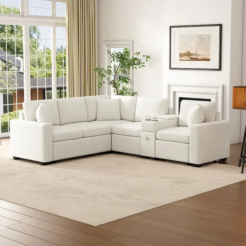 Chenille Pull Out Sectional Convertible Sleeper Sofa Modular Sectional Sofa with Pillow and 2 Cup Holders for Living Room