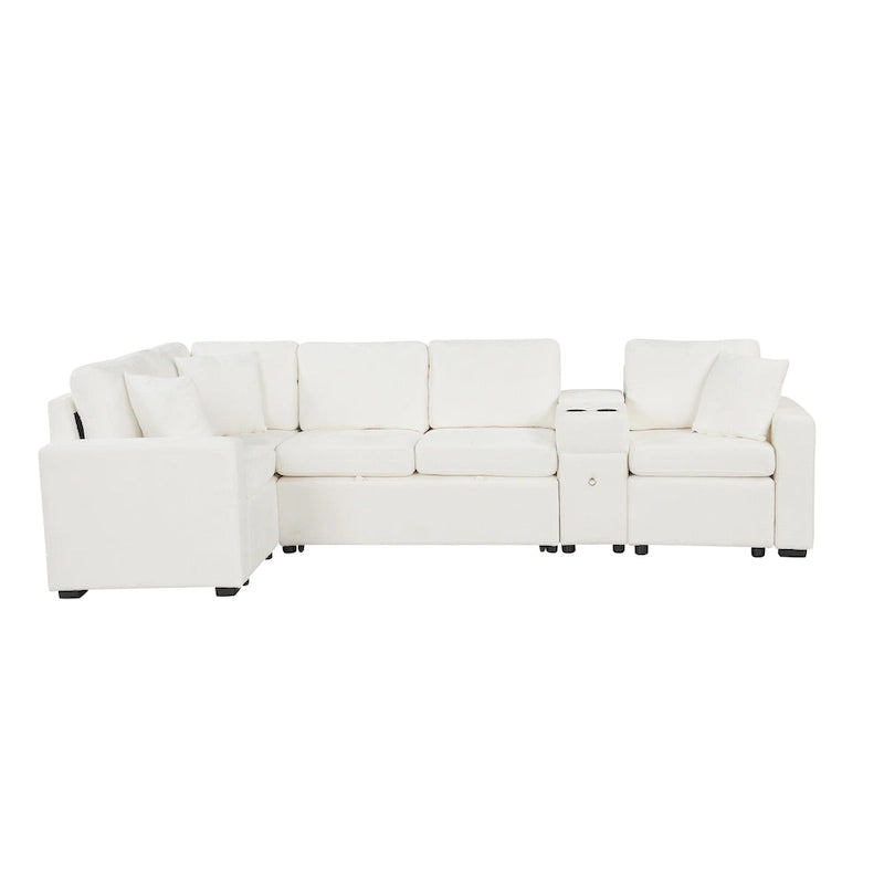 Chenille Pull Out Sectional Convertible Sleeper Sofa Modular Sectional Sofa with Pillow and 2 Cup Holders for Living Room