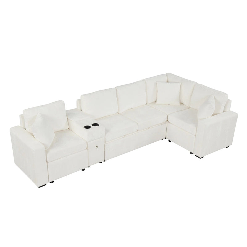Chenille Pull Out Sectional Convertible Sleeper Sofa Modular Sectional Sofa with Pillow and 2 Cup Holders for Living Room