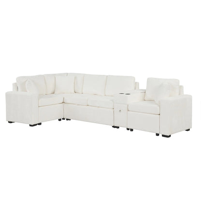 Chenille Pull Out Sectional Convertible Sleeper Sofa Modular Sectional Sofa with Pillow and 2 Cup Holders for Living Room