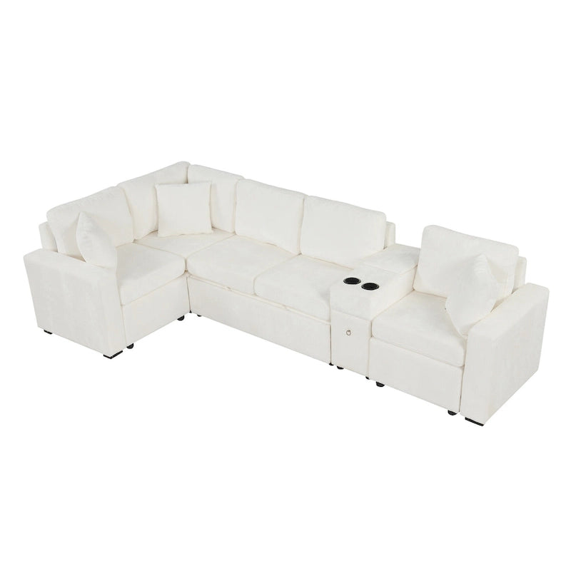 Chenille Pull Out Sectional Convertible Sleeper Sofa Modular Sectional Sofa with Pillow and 2 Cup Holders for Living Room