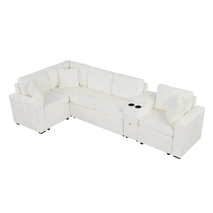 Chenille Pull Out Sectional Convertible Sleeper Sofa Modular Sectional Sofa with Pillow and 2 Cup Holders for Living Room