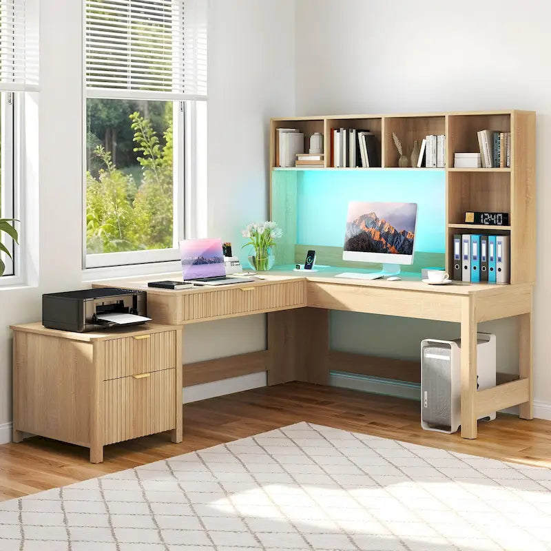Moasis L Shaped Computer Desk with Hutch and Drawers Home Office Desk w/LED Light and Power Outlets