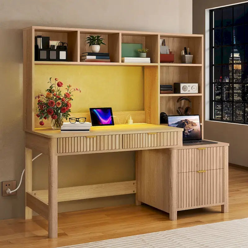 Moasis L Shaped Computer Desk with Hutch and Drawers Home Office Desk w/LED Light and Power Outlets