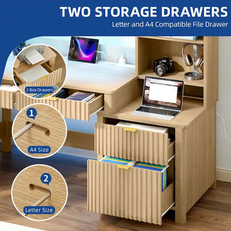 Moasis L Shaped Computer Desk with Hutch and Drawers Home Office Desk w/LED Light and Power Outlets
