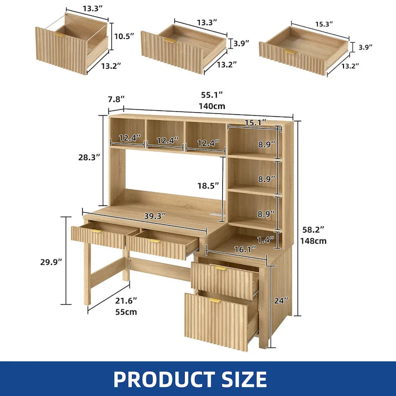 Moasis L Shaped Computer Desk with Hutch and Drawers Home Office Desk w/LED Light and Power Outlets