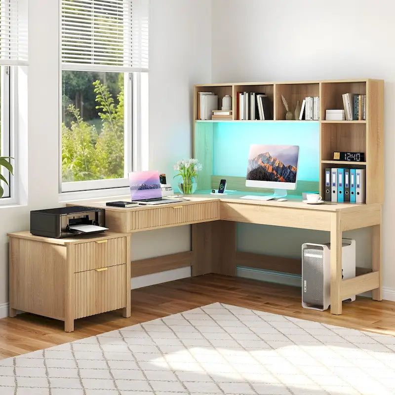 Moasis L Shaped Computer Desk with Hutch and Drawers Home Office Desk w/LED Light and Power Outlets