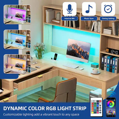 Moasis L Shaped Computer Desk with Hutch and Drawers Home Office Desk w/LED Light and Power Outlets