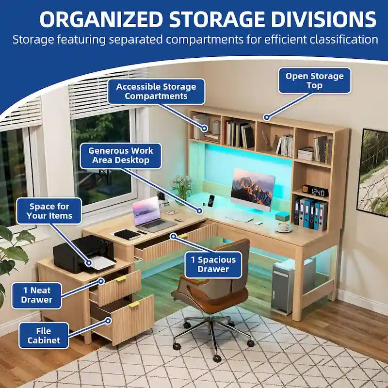 Moasis L Shaped Computer Desk with Hutch and Drawers Home Office Desk w/LED Light and Power Outlets
