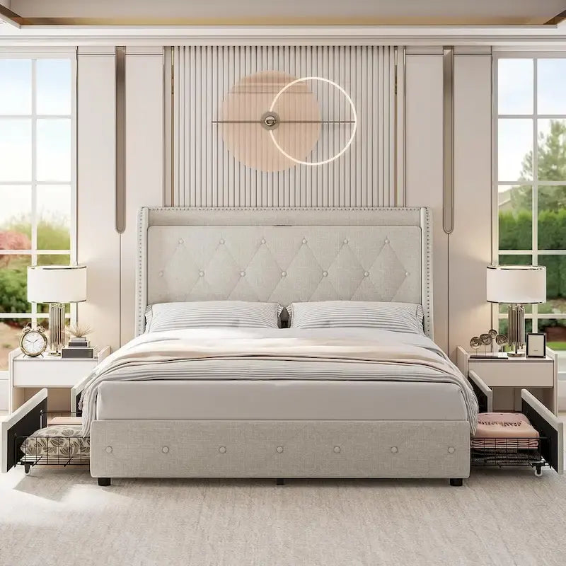 Bed Frame with Headboard and 4 Storage Drawers