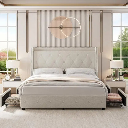 Bed Frame with Headboard and 4 Storage Drawers