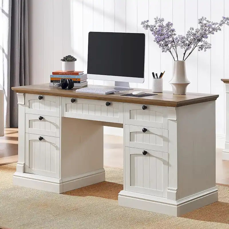 Farmhouse Computer Desk, Wood Home Office Desk with Charging Station