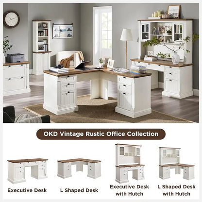 Farmhouse Computer Desk, Wood Home Office Desk with Charging Station