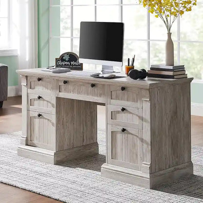 Farmhouse Computer Desk, Wood Home Office Desk with Charging Station