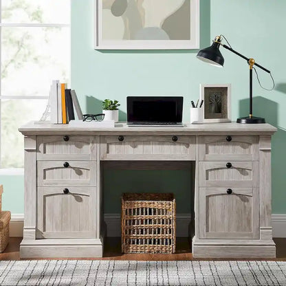 Farmhouse Computer Desk, Wood Home Office Desk with Charging Station