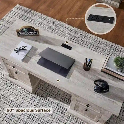 Farmhouse Computer Desk, Wood Home Office Desk with Charging Station