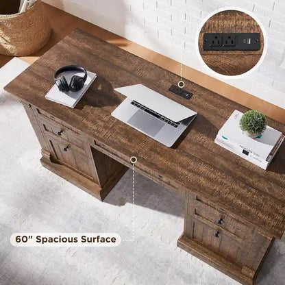 Farmhouse Computer Desk, Wood Home Office Desk with Charging Station