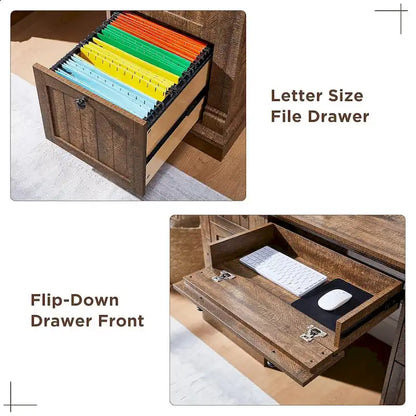Farmhouse Computer Desk, Wood Home Office Desk with Charging Station