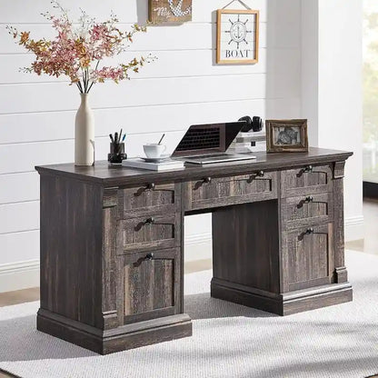Farmhouse Computer Desk, Wood Home Office Desk with Charging Station