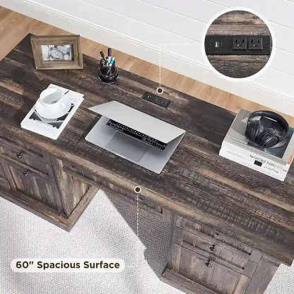 Farmhouse Computer Desk, Wood Home Office Desk with Charging Station